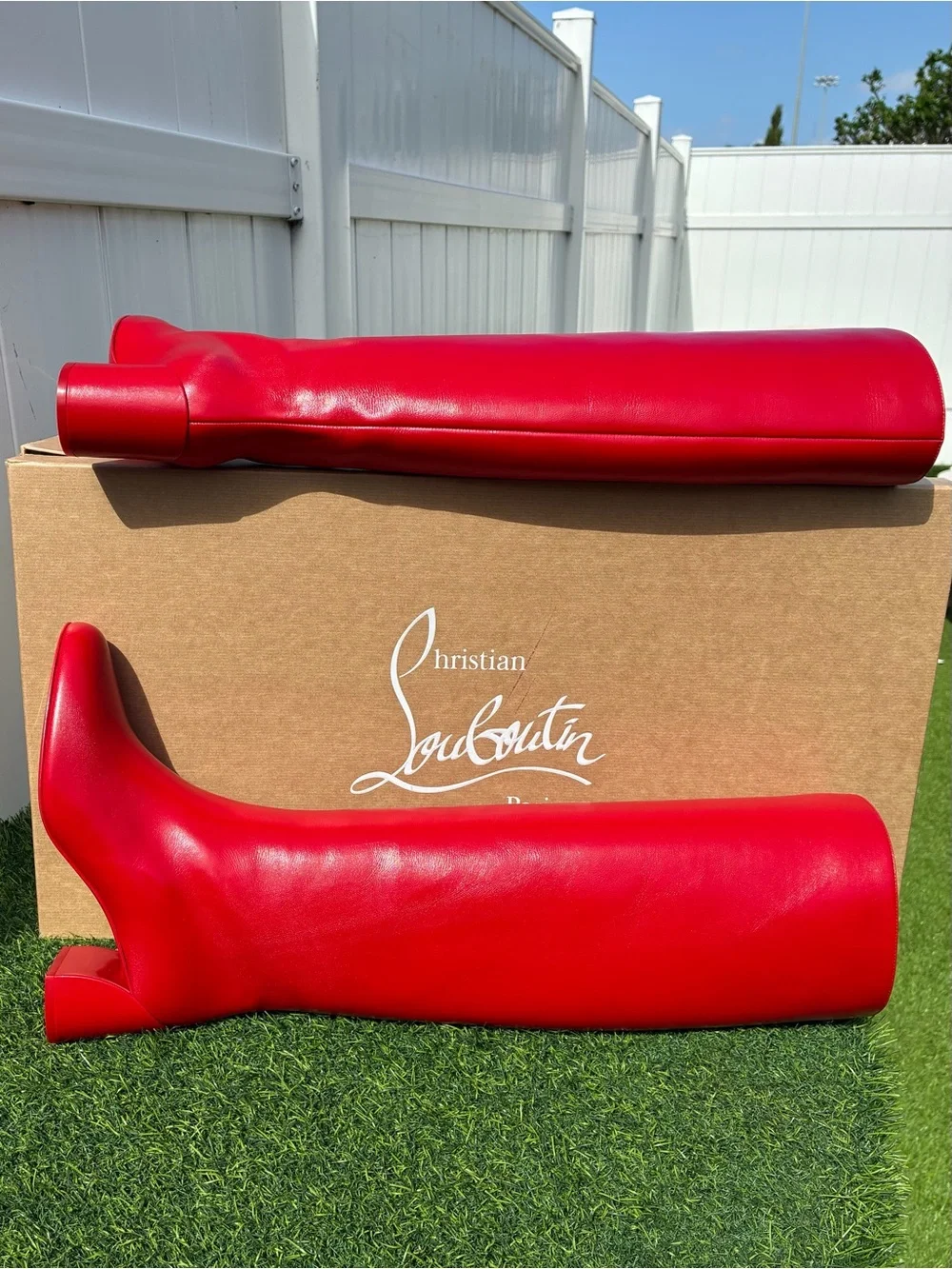 CHRISTIAN LOUBOUTIN JANITTA 55 RED LEATHER BLOCK HEEL KNEE-HIGH BOOTS SZ 38.5